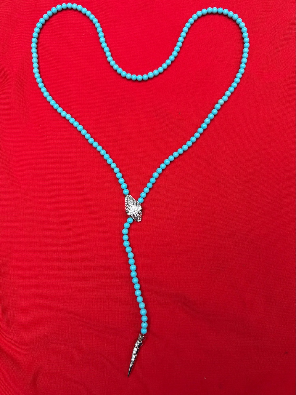 Turquoise Beaded Lariat Necklace with Silver Snake Accents